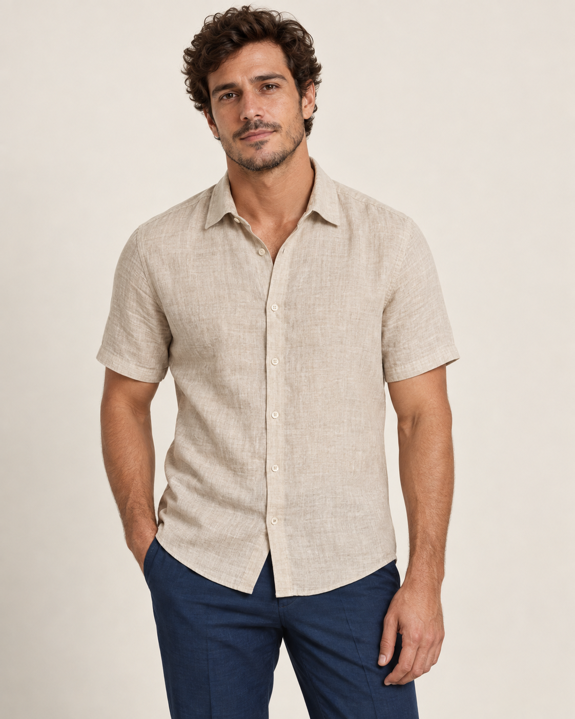 Homem vestindo camisa areia leve de manga curta
