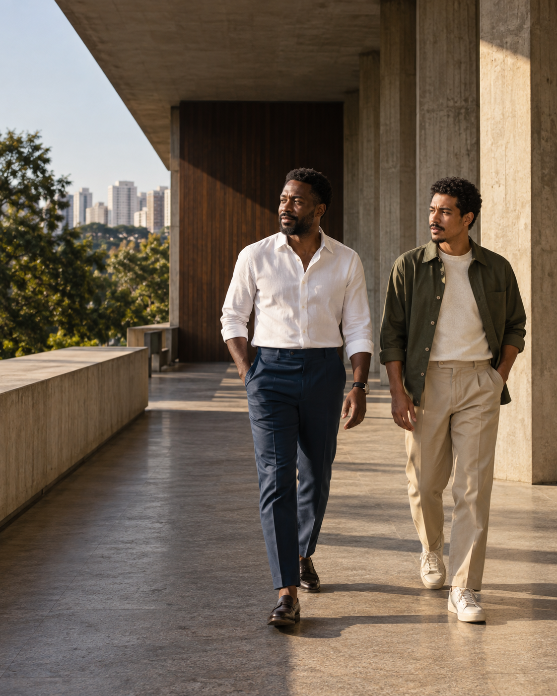 Dois homens com looks urbanos caminhando sob arquitetura de concreto