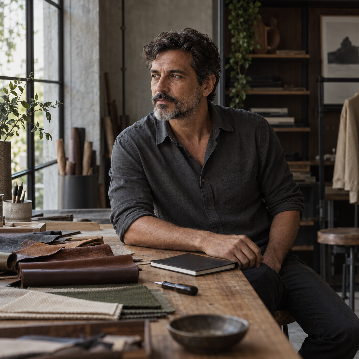 Artesão e designer em ateliê com amostras de couro e tecido